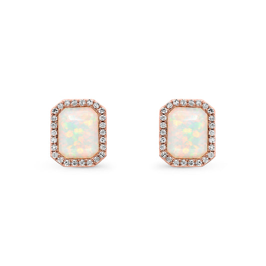 9ct Rose Gold Natural Pink Opal and Diamond Octagon Stud Earrings