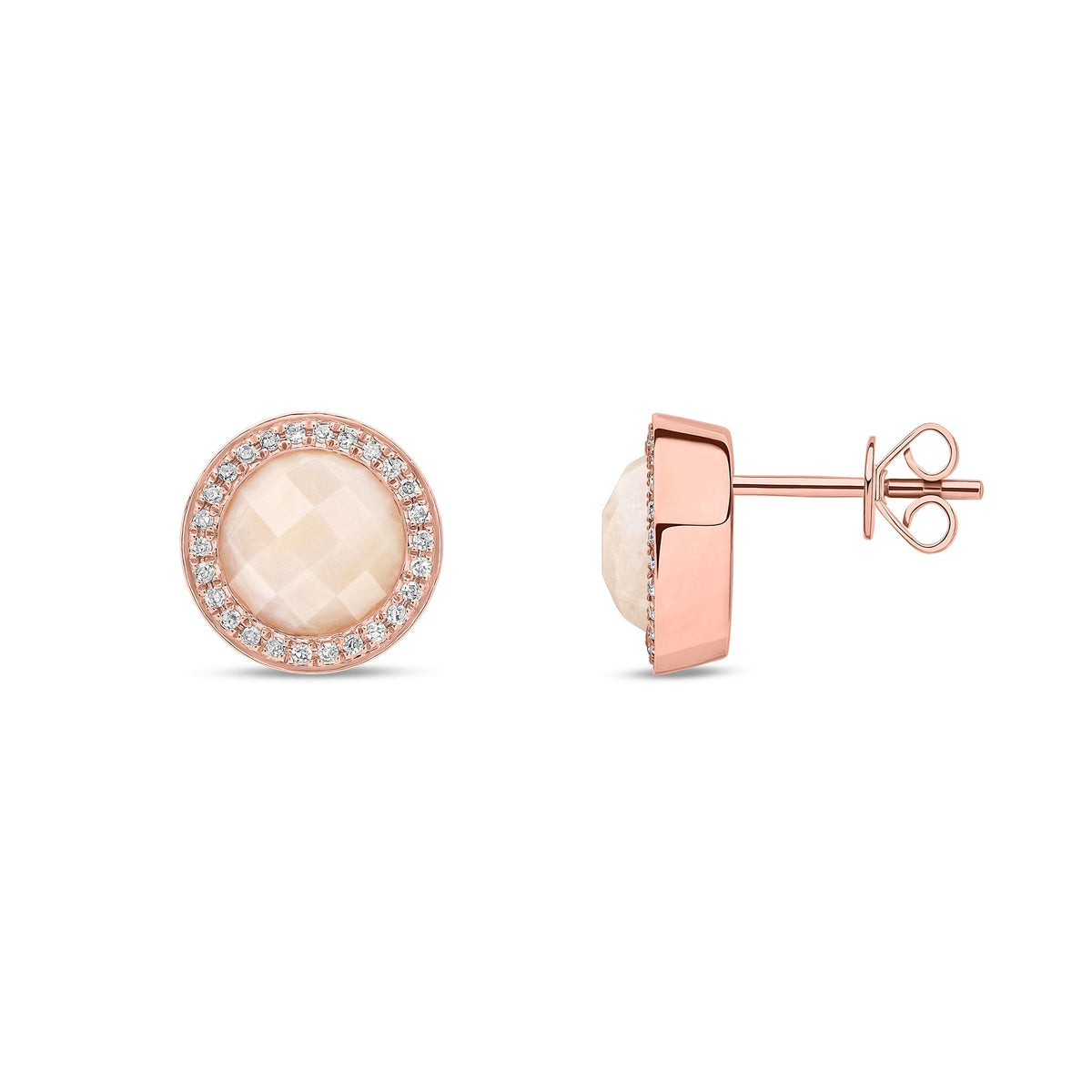 9ct Rose Gold Round Natural Pink Opal & Diamond Statement Halo Stud Earrings — 8mm