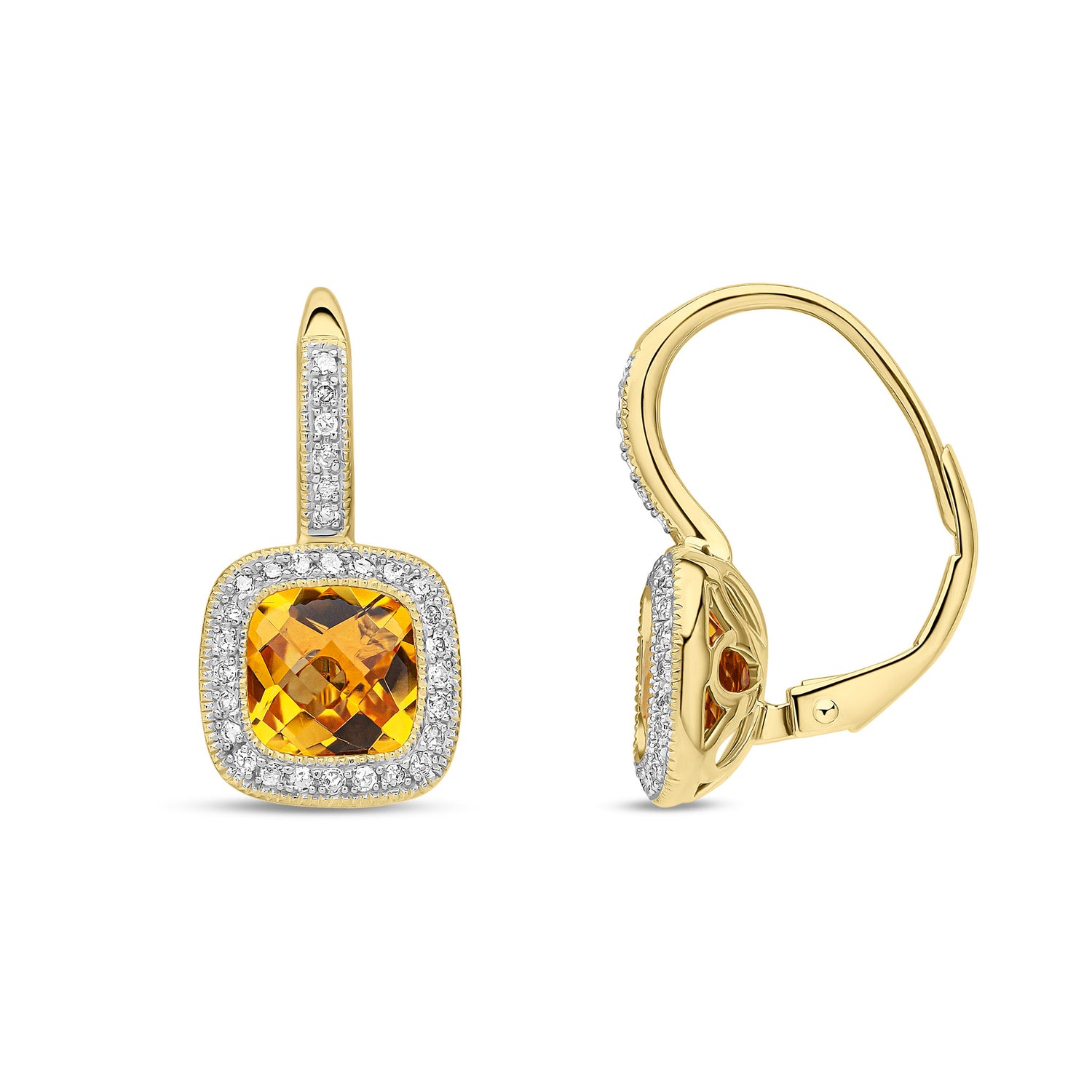 9ct Yellow Gold Natural Citrine and Diamond Cushion Drop Earrings