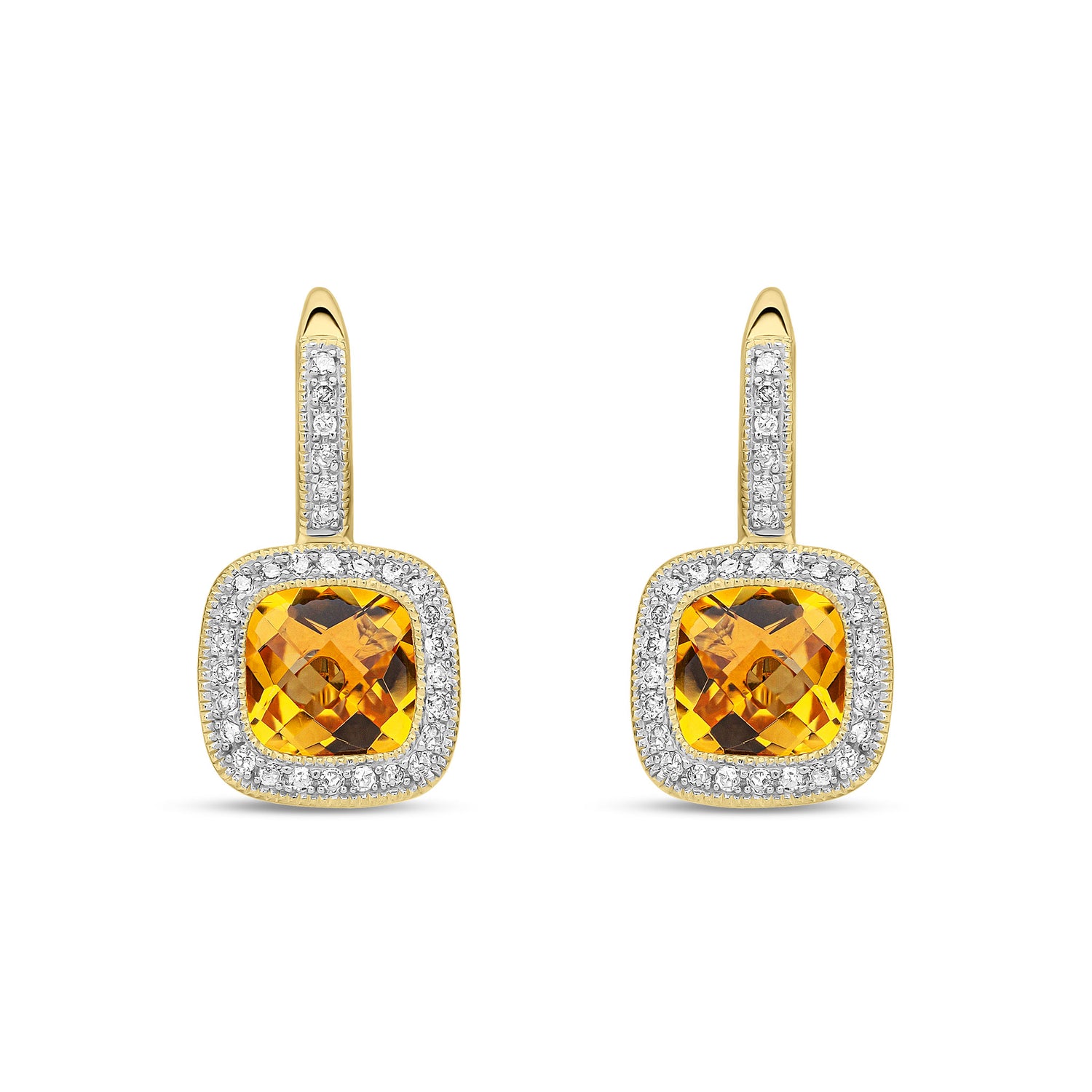 9ct Yellow Gold Natural Citrine and Diamond Cushion Drop Earrings