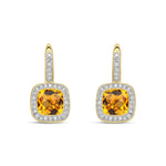 9ct Yellow Gold Cushion Natural Citrine & Diamond Halo Drop Earrings — 7mm