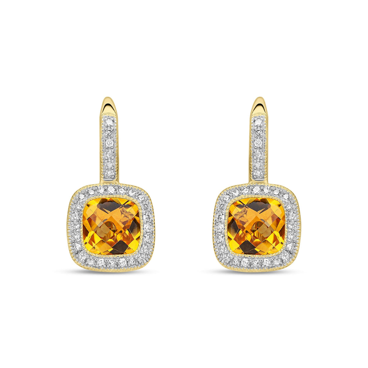 9ct Yellow Gold Cushion Natural Citrine & Diamond Halo Drop Earrings — 7mm