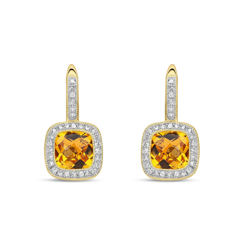 9ct Yellow Gold Cushion Natural Citrine & Diamond Halo Drop Earrings — 7mm