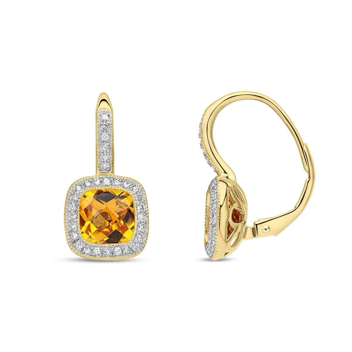 9ct Yellow Gold Cushion Natural Citrine & Diamond Halo Drop Earrings — 7mm