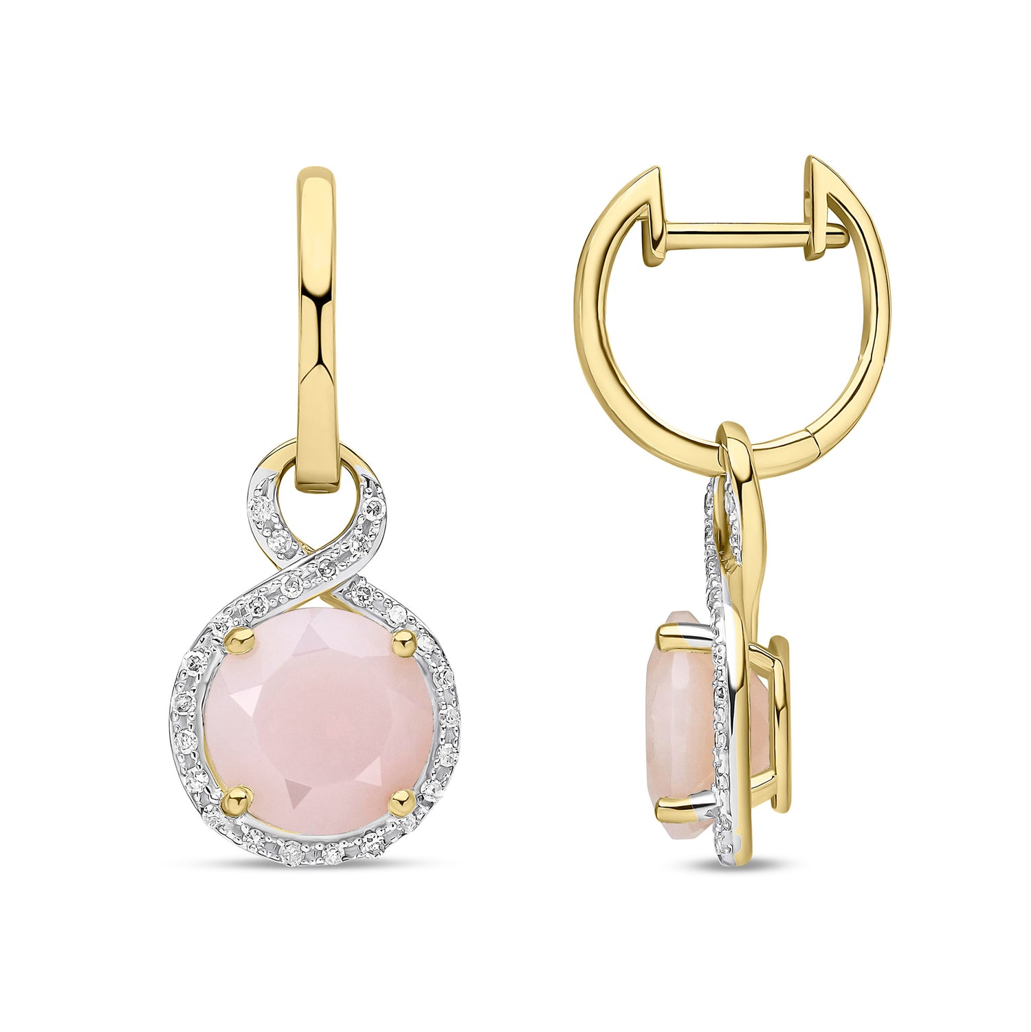 9ct Yellow Gold Natural Pink Opal and Diamond Drop Earrings