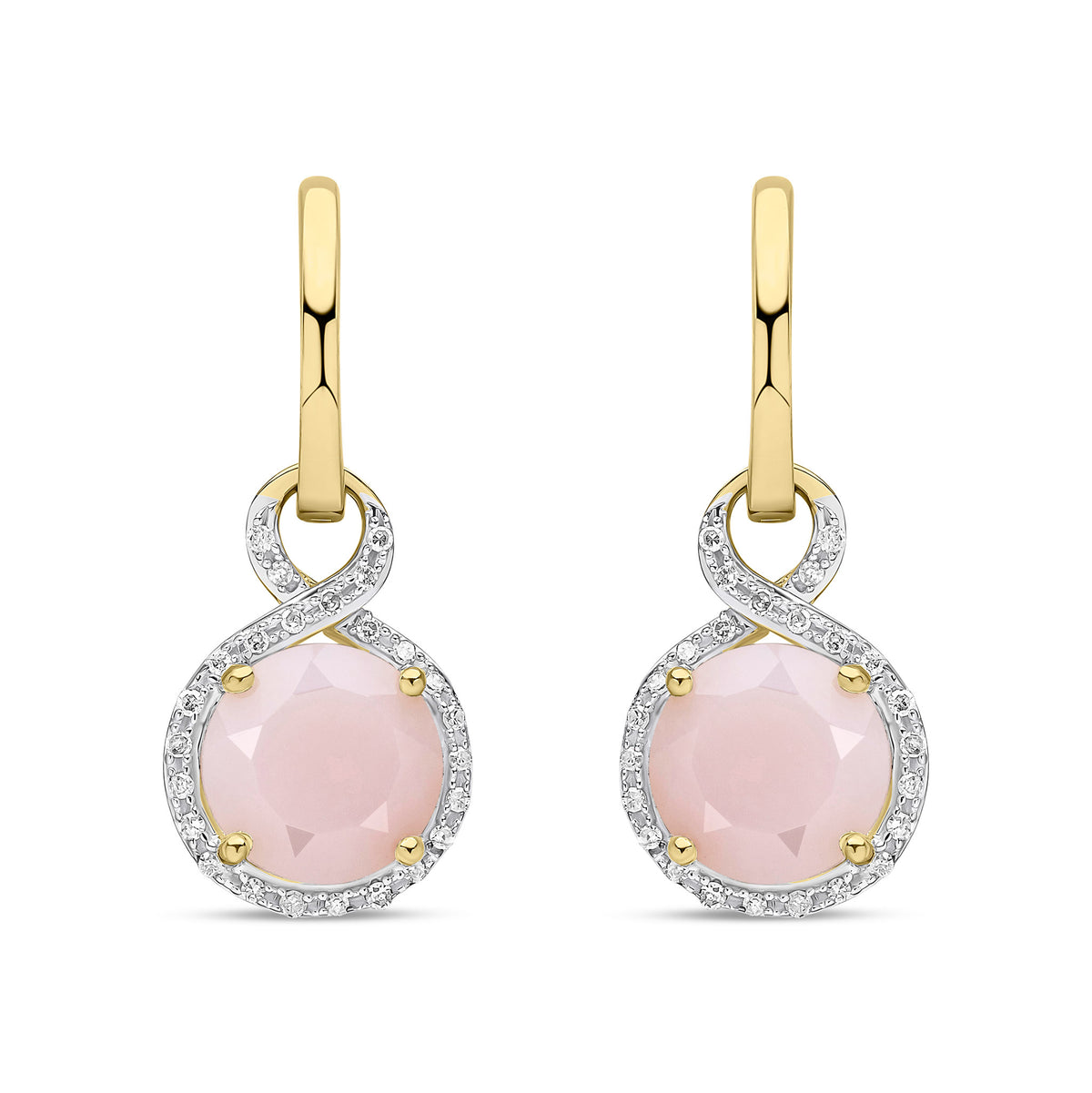 9ct Yellow Gold Natural Pink Opal and Diamond Drop Earrings