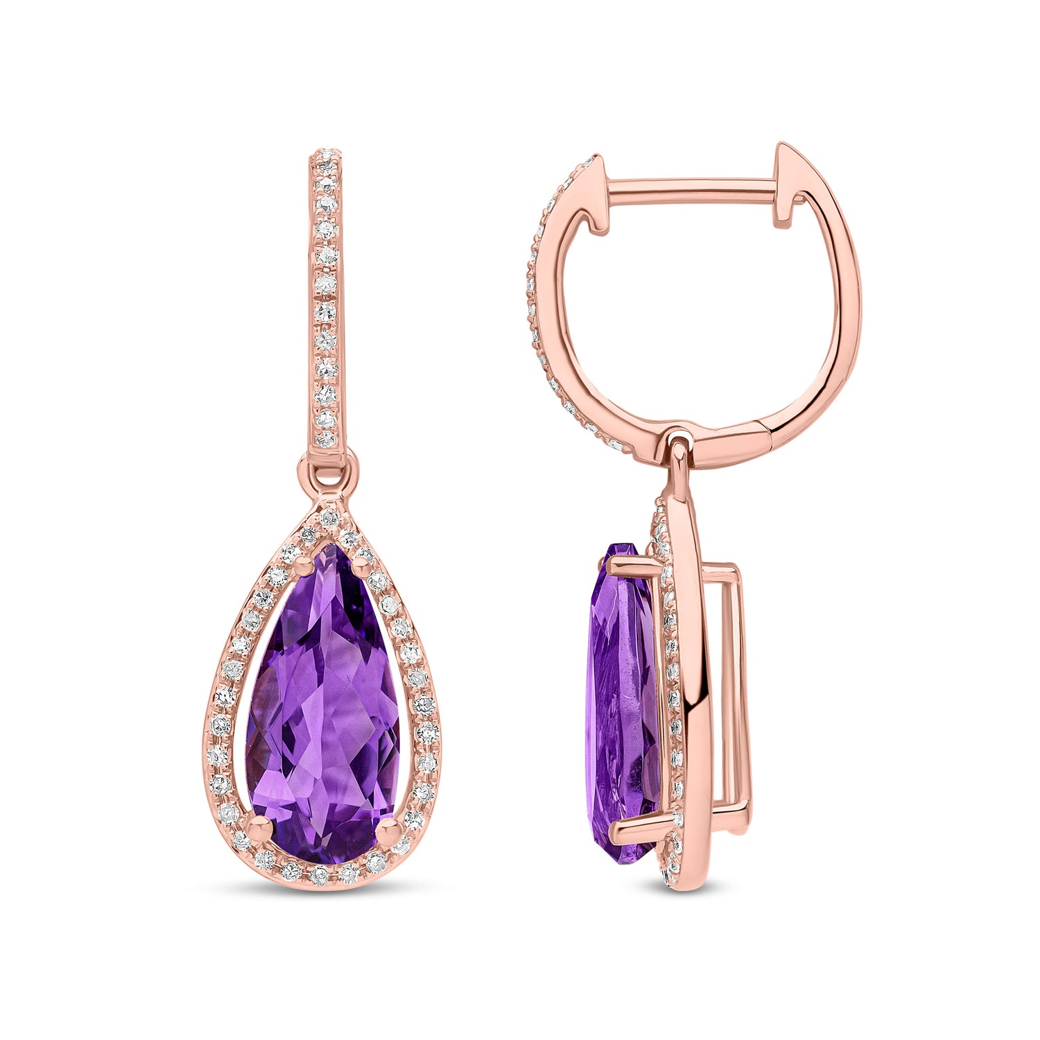 9ct Rose Gold Natural Amethyst and Diamond Pear Drop Earrings