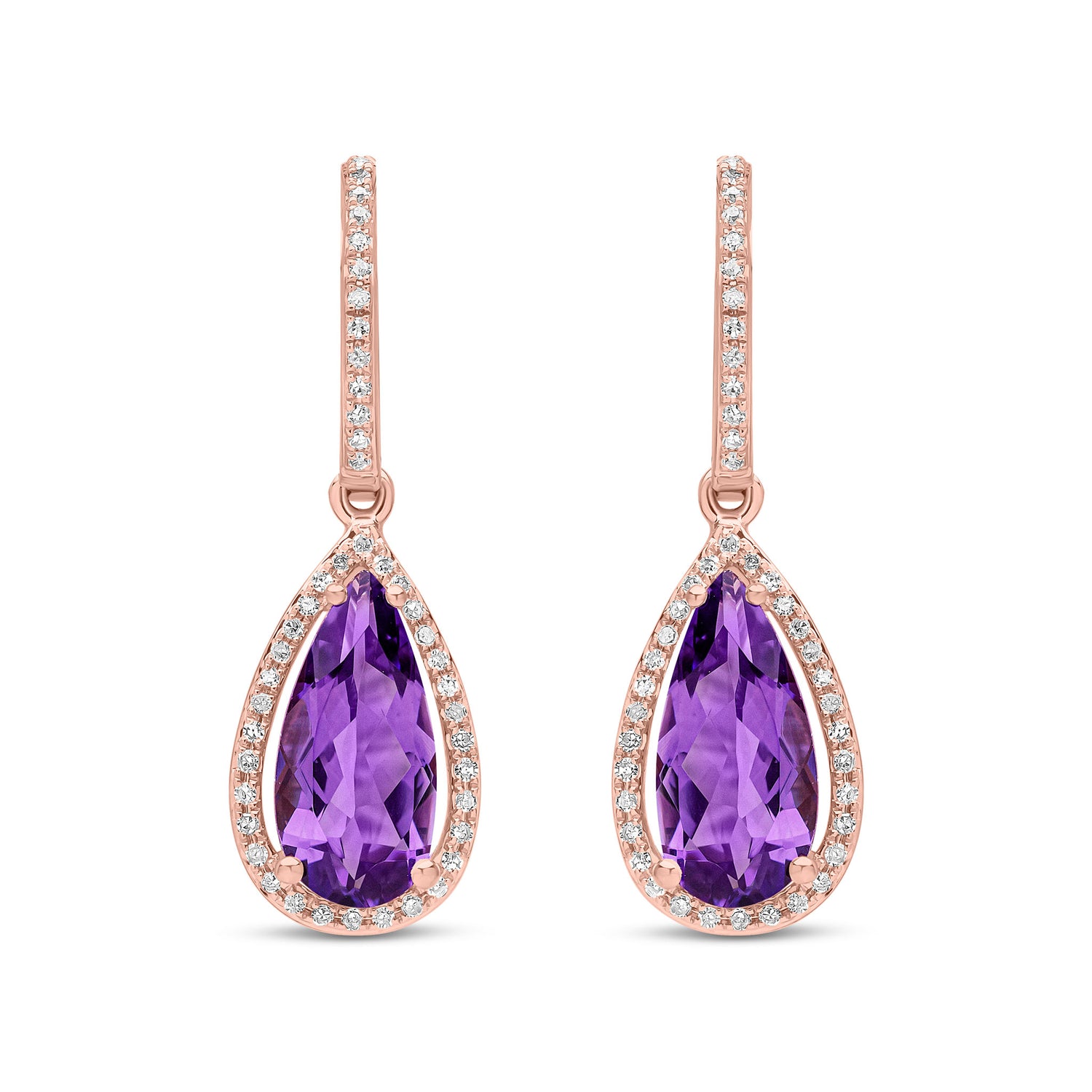 9ct Rose Gold Natural Amethyst and Diamond Pear Drop Earrings