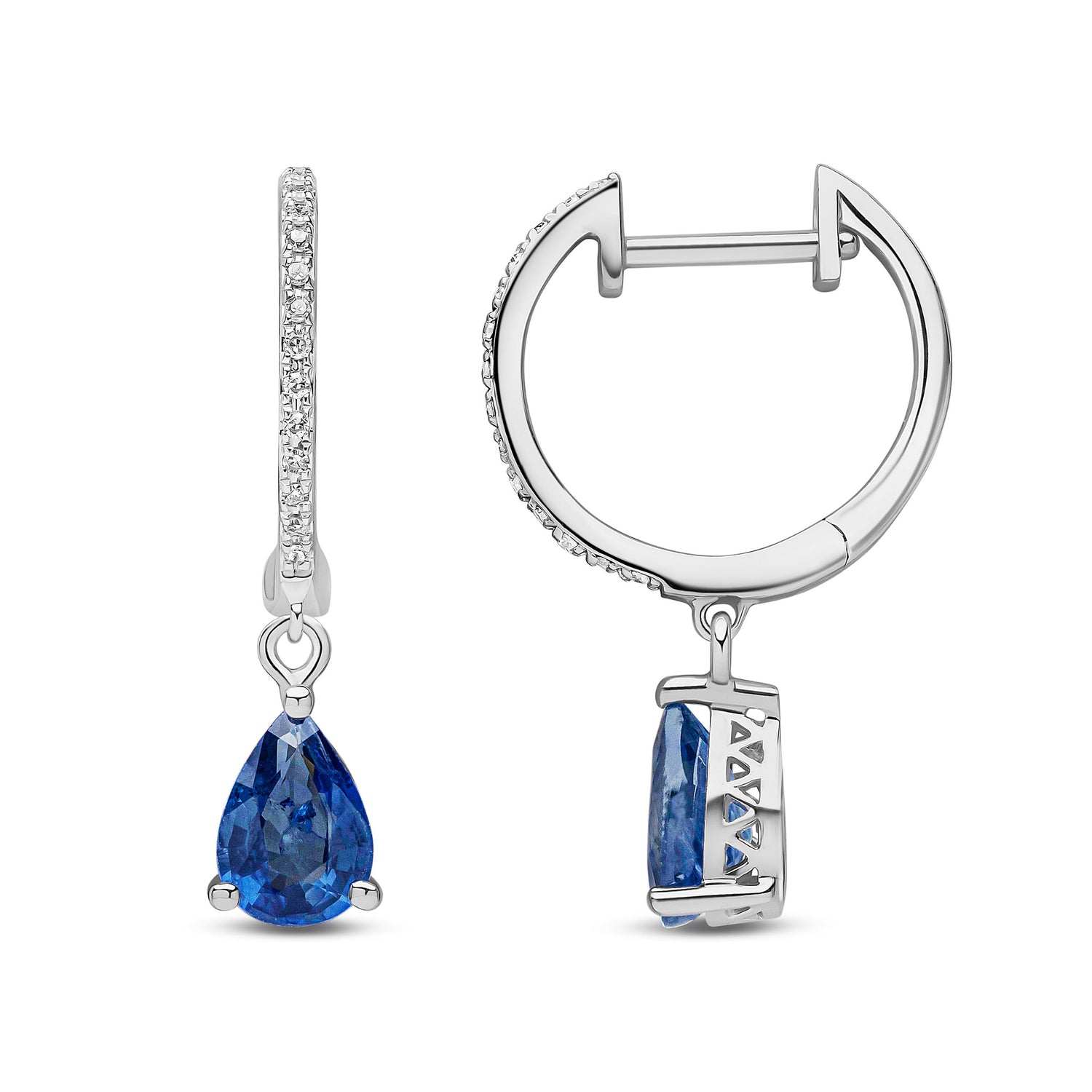 18ct White Gold Natural Sapphire and Diamond Pear Drop Earrings