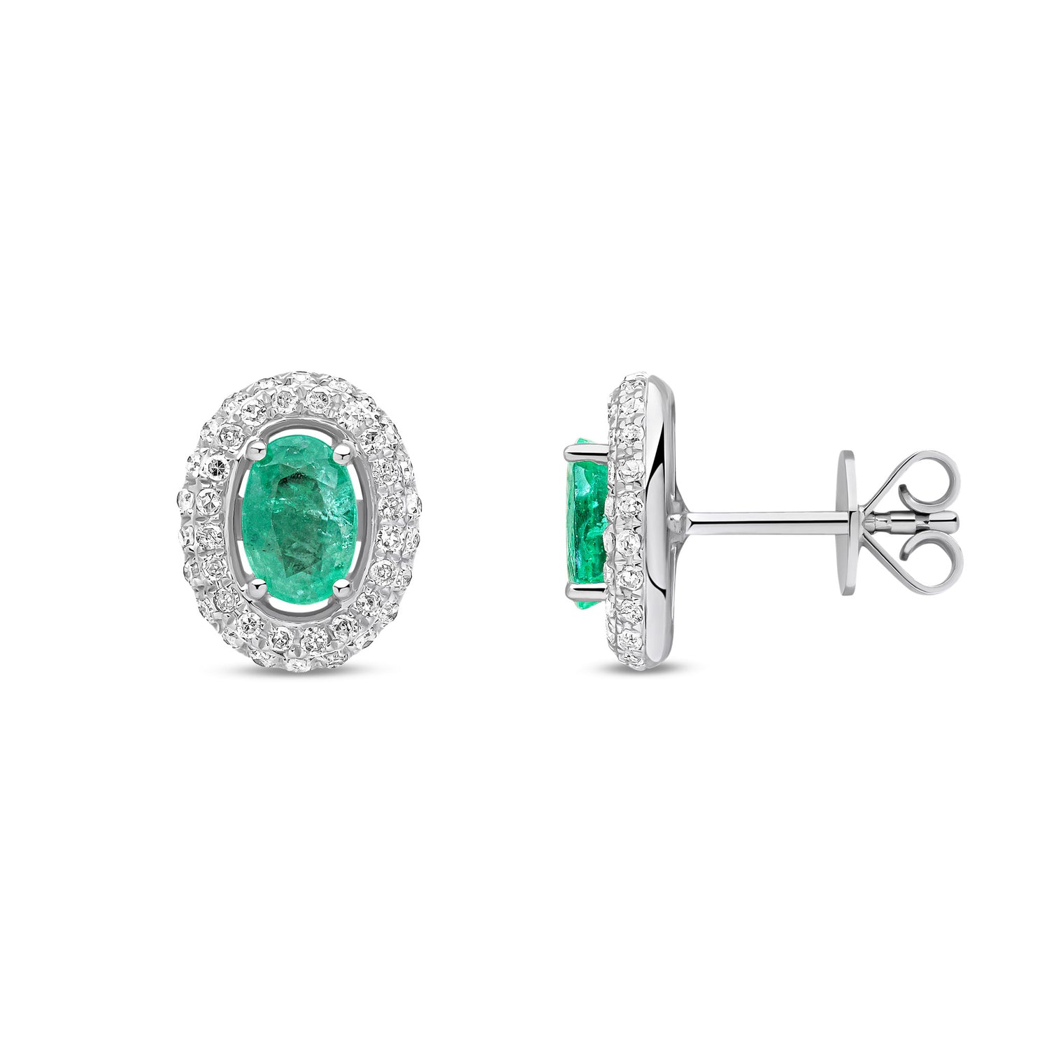 9ct White Gold Natural Emerald and Diamond Oval Cluster Stud Earrings