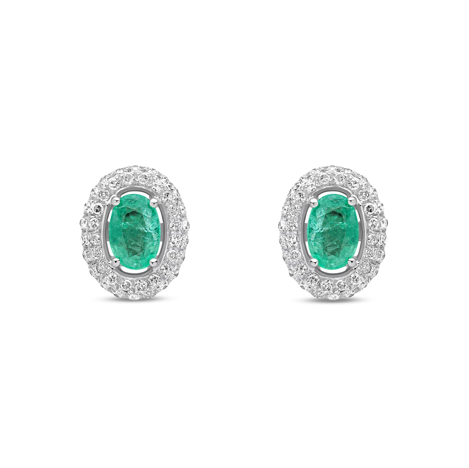 9ct White Gold Natural Emerald and Diamond Oval Cluster Stud Earrings