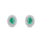 9ct White Gold Oval Natural Emerald & Diamond Cluster Stud Earrings — 6x4mm