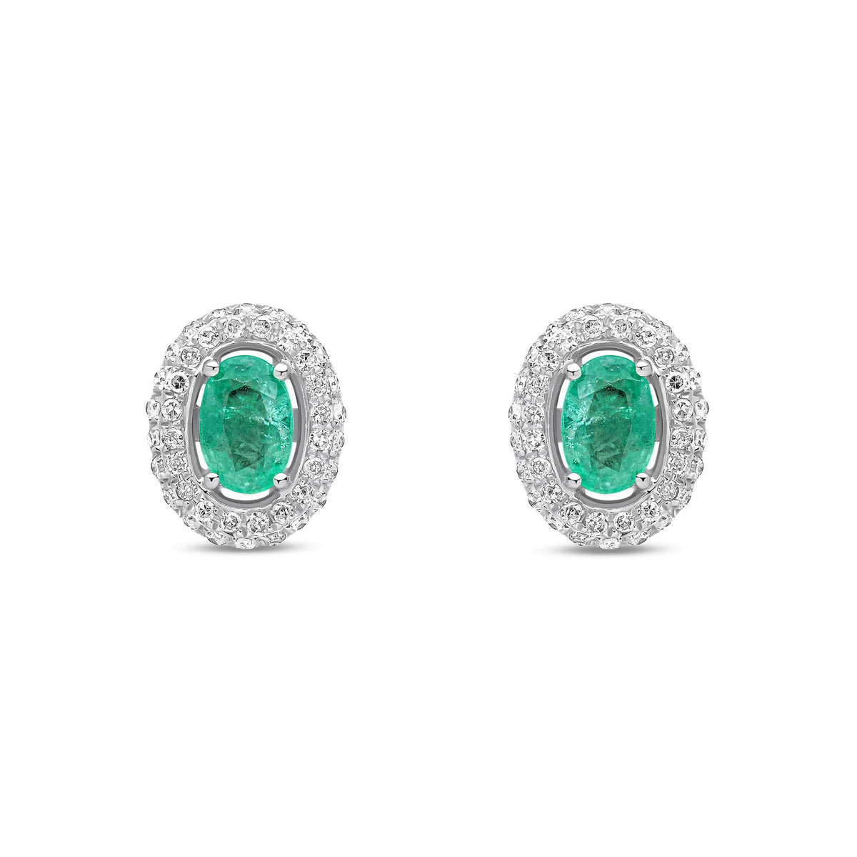 9ct White Gold Oval Natural Emerald & Diamond Cluster Stud Earrings — 6x4mm