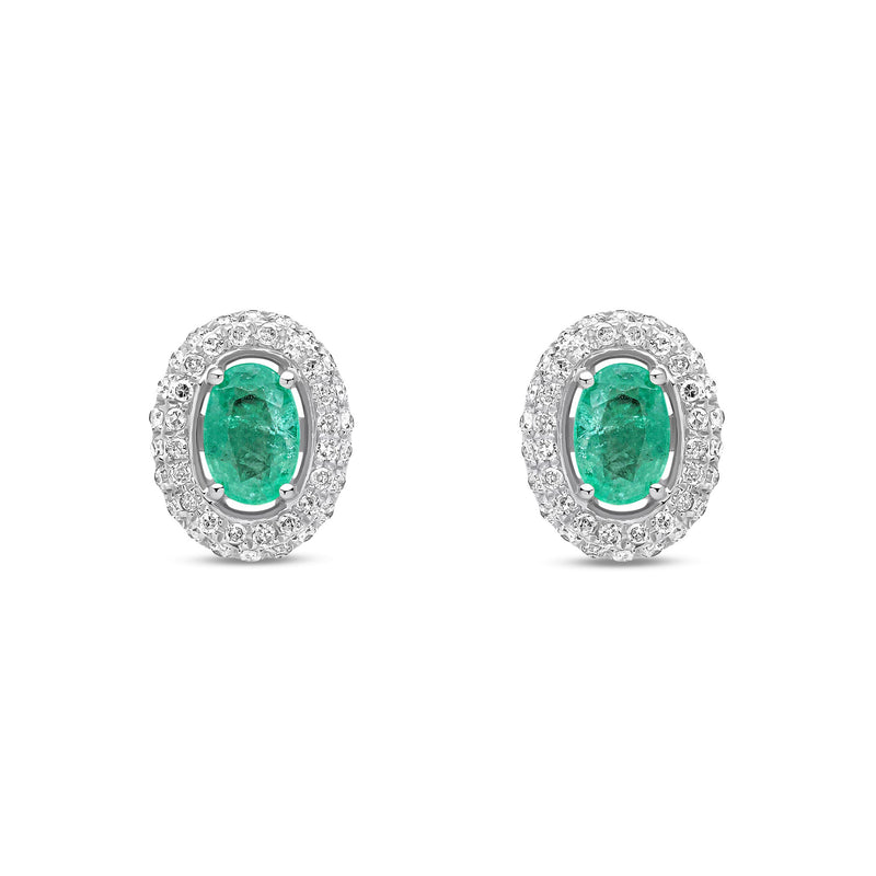 9ct White Gold Oval Natural Emerald & Diamond Cluster Stud Earrings — 6x4mm