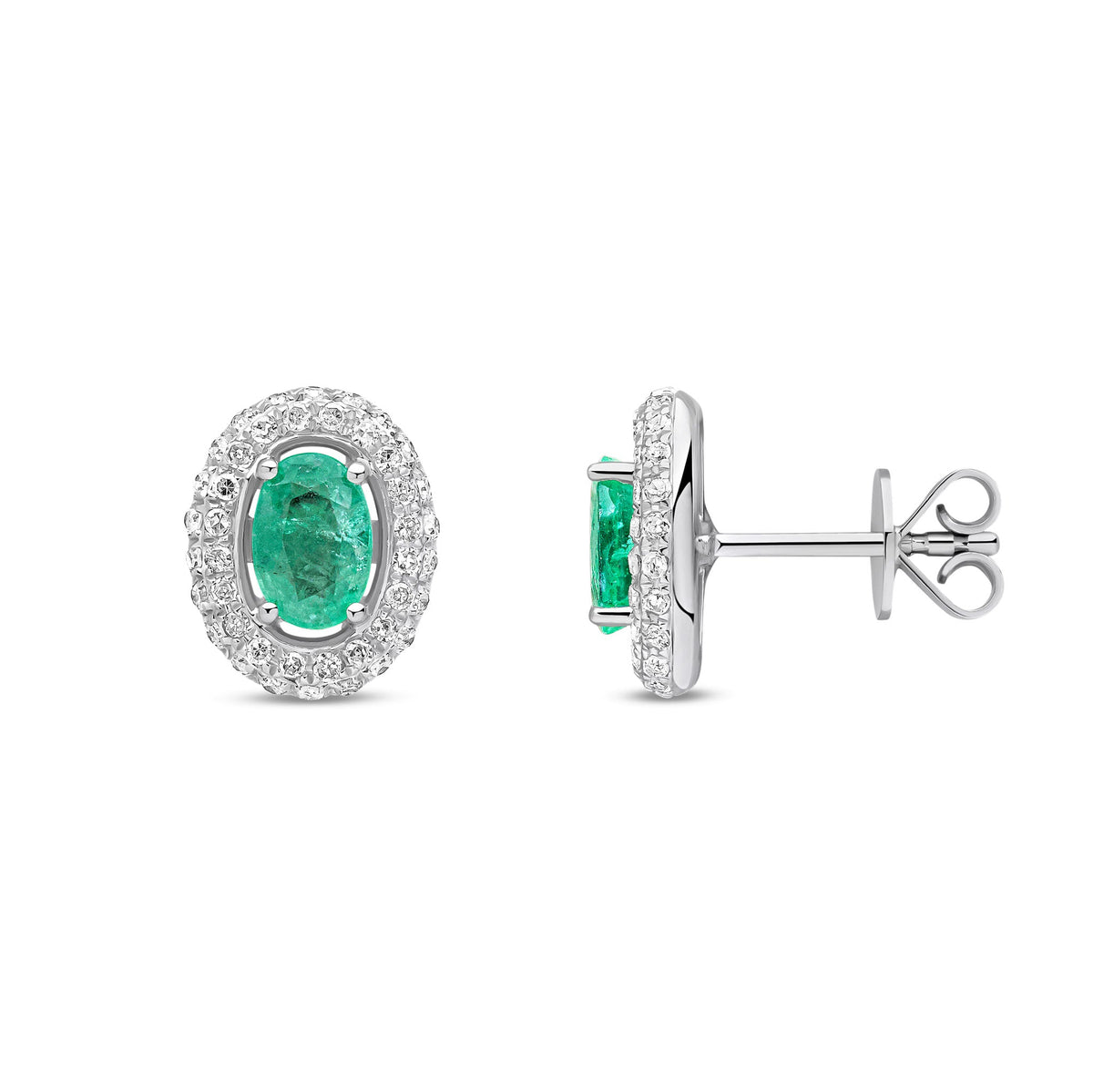 9ct White Gold Oval Natural Emerald & Diamond Cluster Stud Earrings — 6x4mm