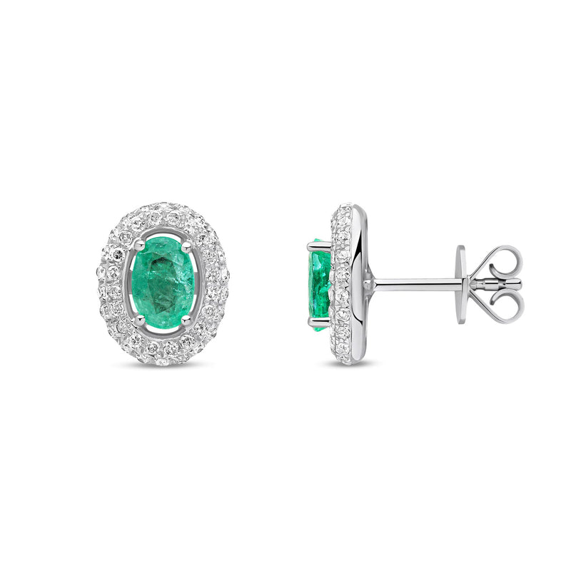 9ct White Gold Oval Natural Emerald & Diamond Cluster Stud Earrings — 6x4mm