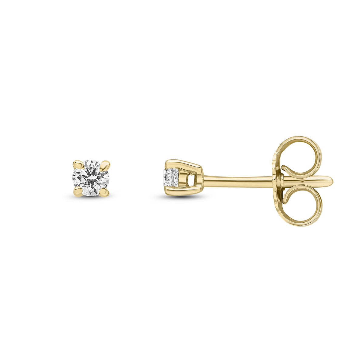9ct Yellow Gold Round Natural Diamond Four-Claw Stud Earrings — 0.15ct
