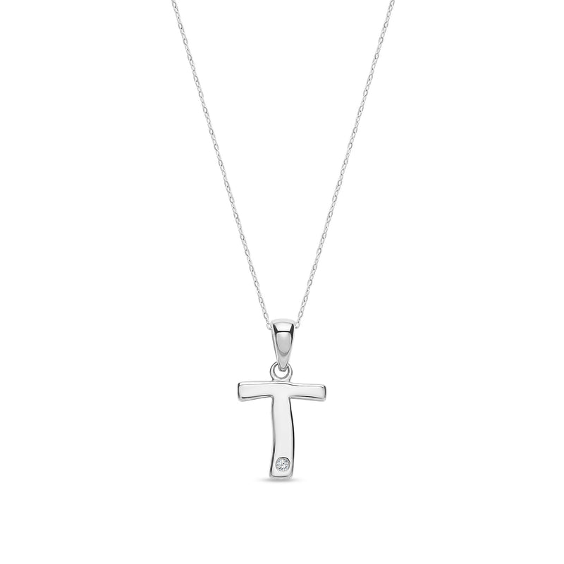 9ct White Gold Natural Diamond Initial T Pendant