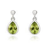 9ct White Gold Pear Shaped Natural Peridot Rubover Drop Earrings — 7x5mm