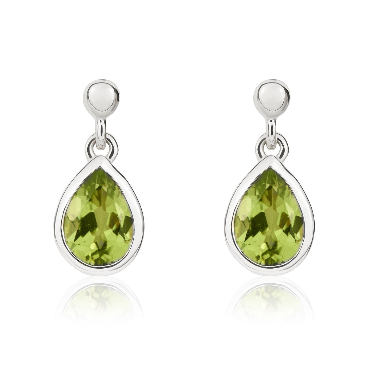 9ct White Gold Pear Shaped Natural Peridot Rubover Drop Earrings — 7x5mm