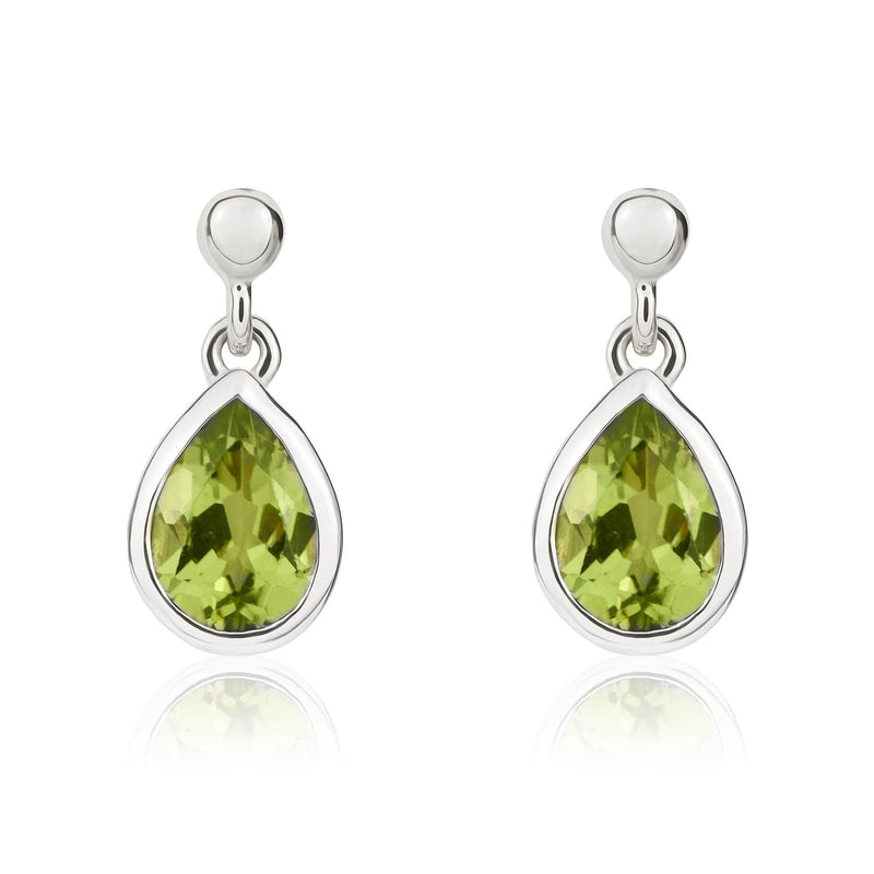 9ct White Gold Pear Shaped Natural Peridot Rubover Drop Earrings — 7x5mm