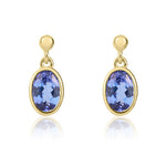 9ct Yellow Gold Oval Natural Tanzanite Rubover Drop Earrings — 6x4mm