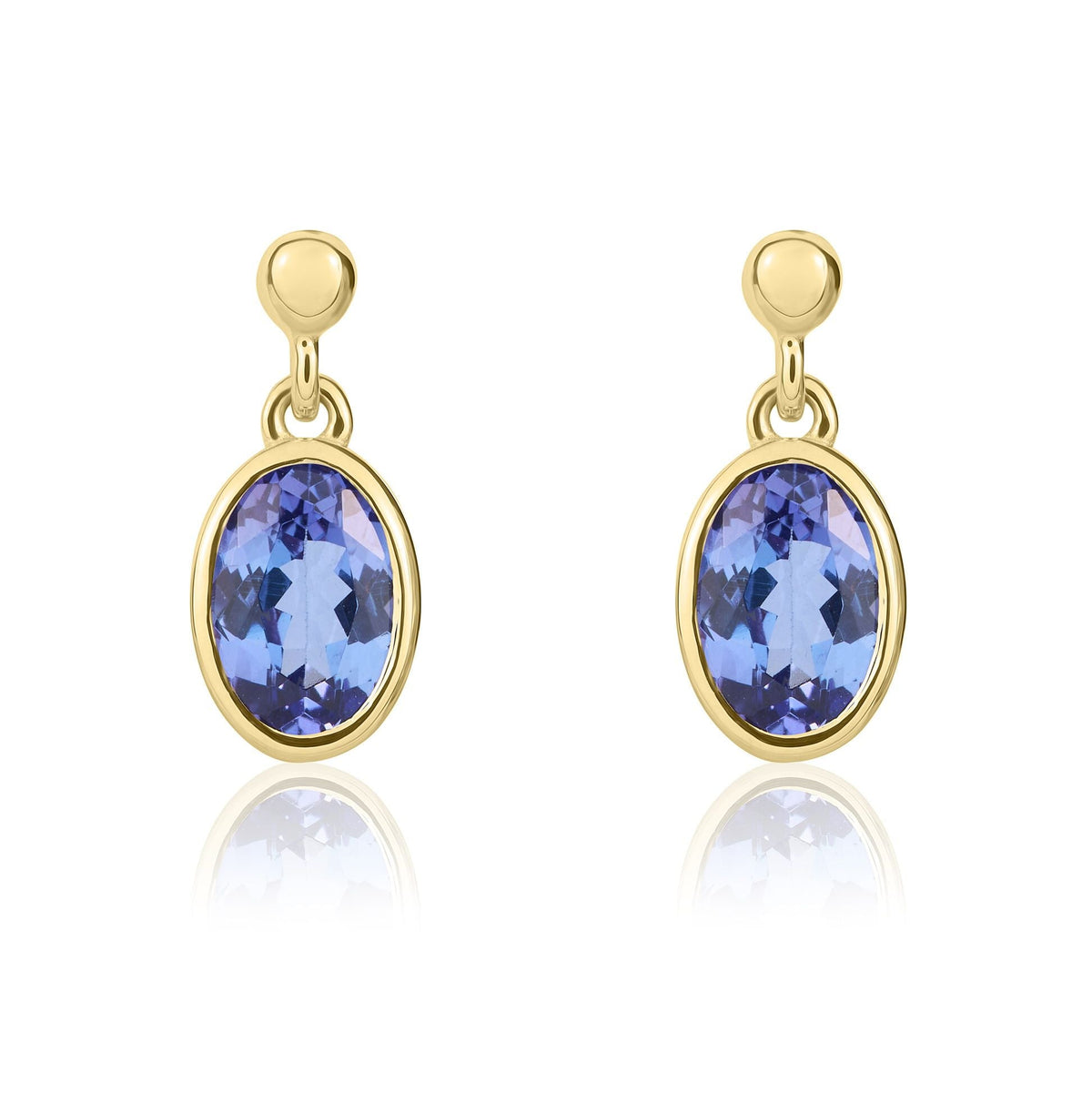 9ct Yellow Gold Oval Natural Tanzanite Rubover Drop Earrings — 6x4mm