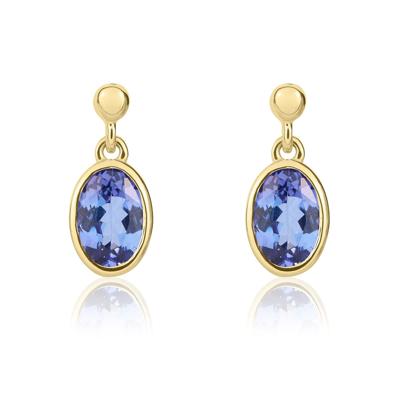 9ct Yellow Gold Oval Natural Tanzanite Rubover Drop Earrings — 6x4mm