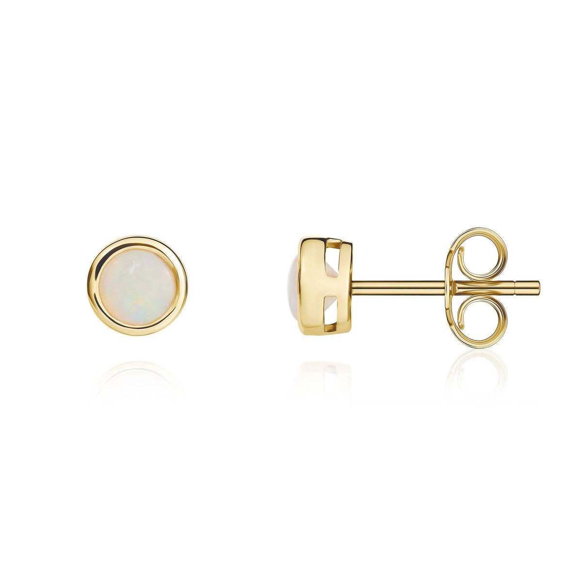 9ct Yellow Gold Round Natural Opal Rubover Stud Earrings — 4mm