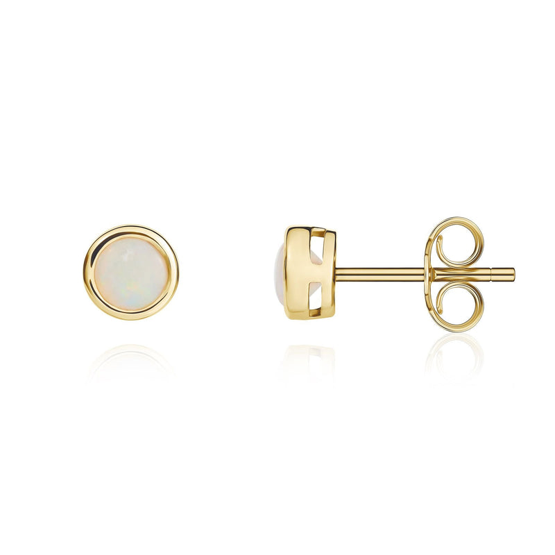 9ct Yellow Gold Round Natural Opal Rubover Stud Earrings — 4mm