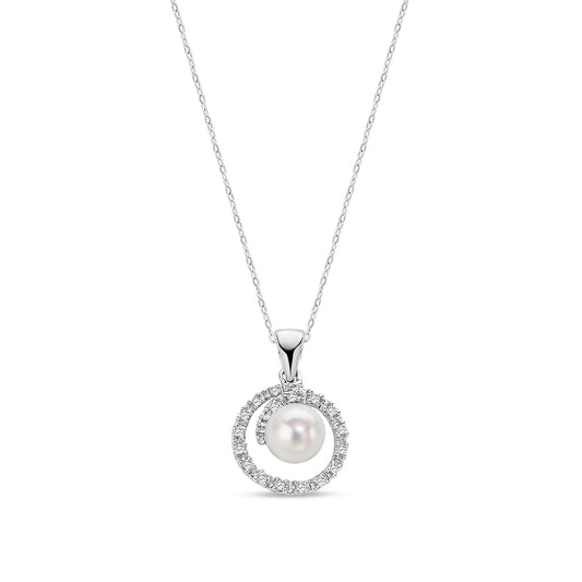 9ct White Gold Natural Diamond & Freshwater Pearl Halo Pendant