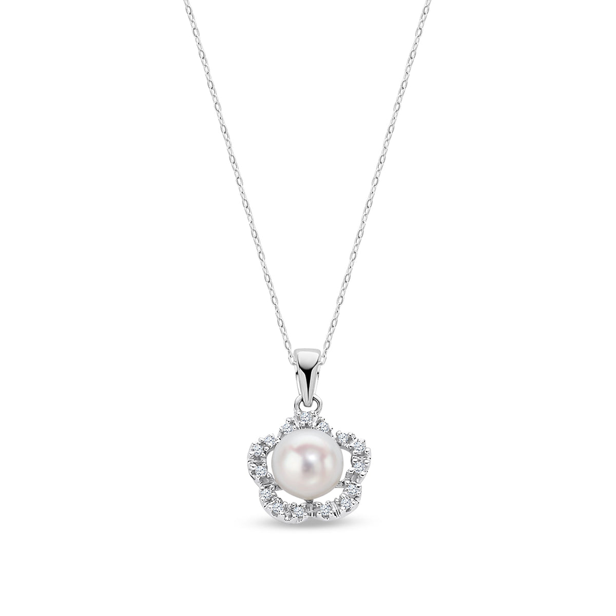 9ct White Gold Natural Diamond & Freshwater Pearl Floral Pendant