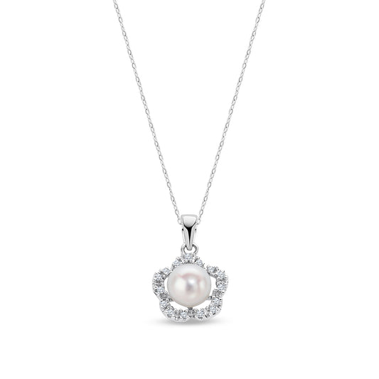 9ct White Gold Natural Diamond & Freshwater Pearl Floral Pendant