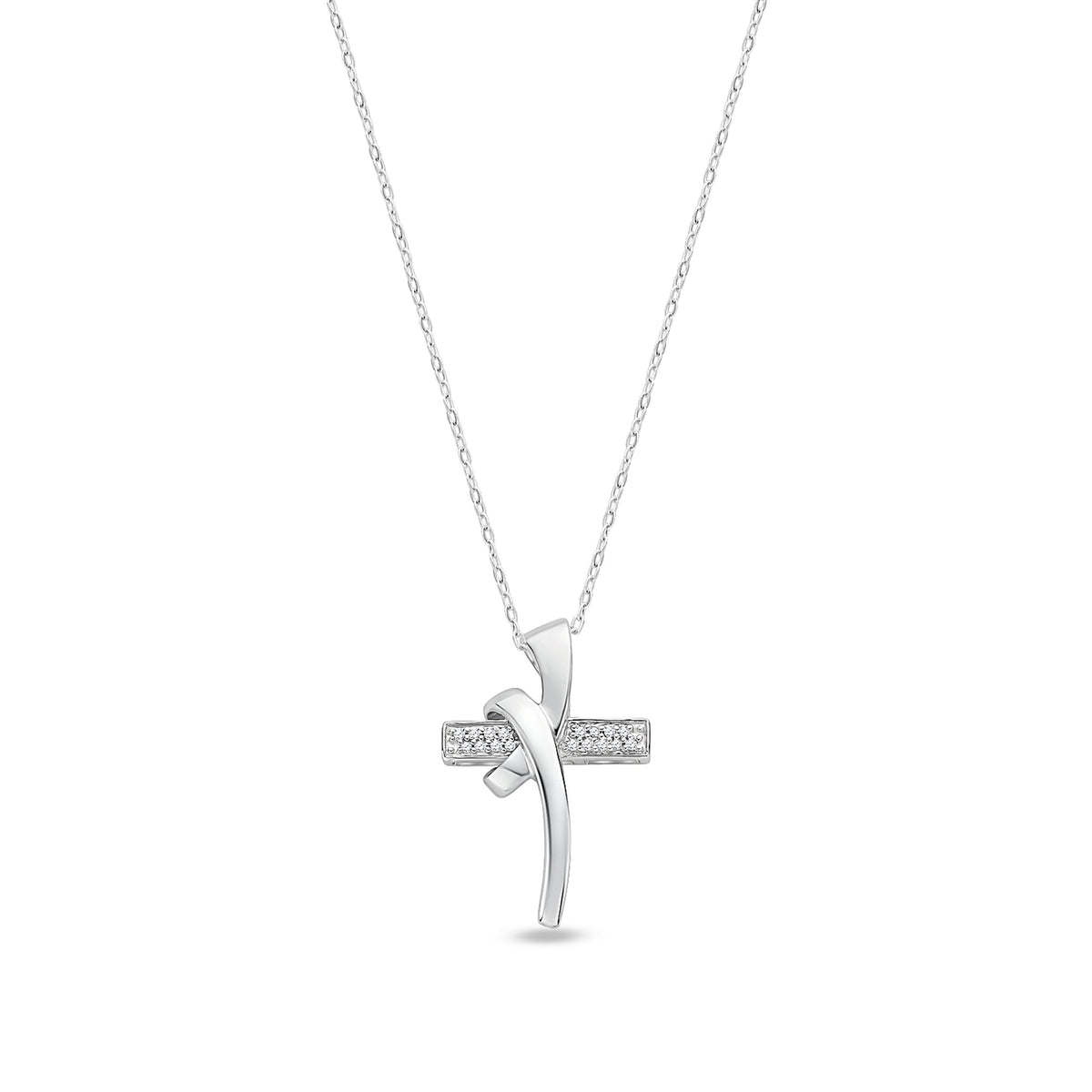 9ct White Gold Natural Diamond Curved Cross Pendant