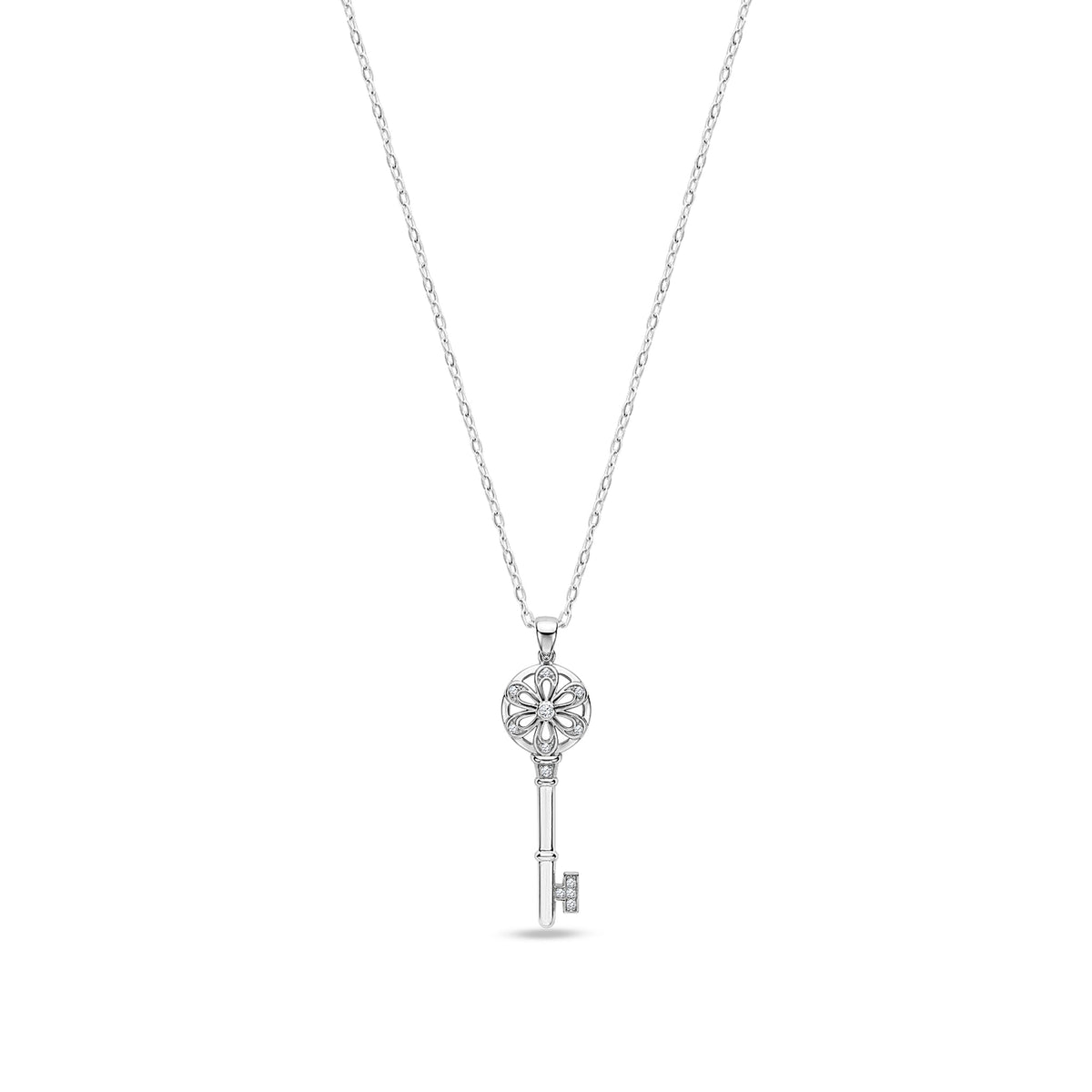 9ct White Gold Natural Diamond Floral Key Pendant