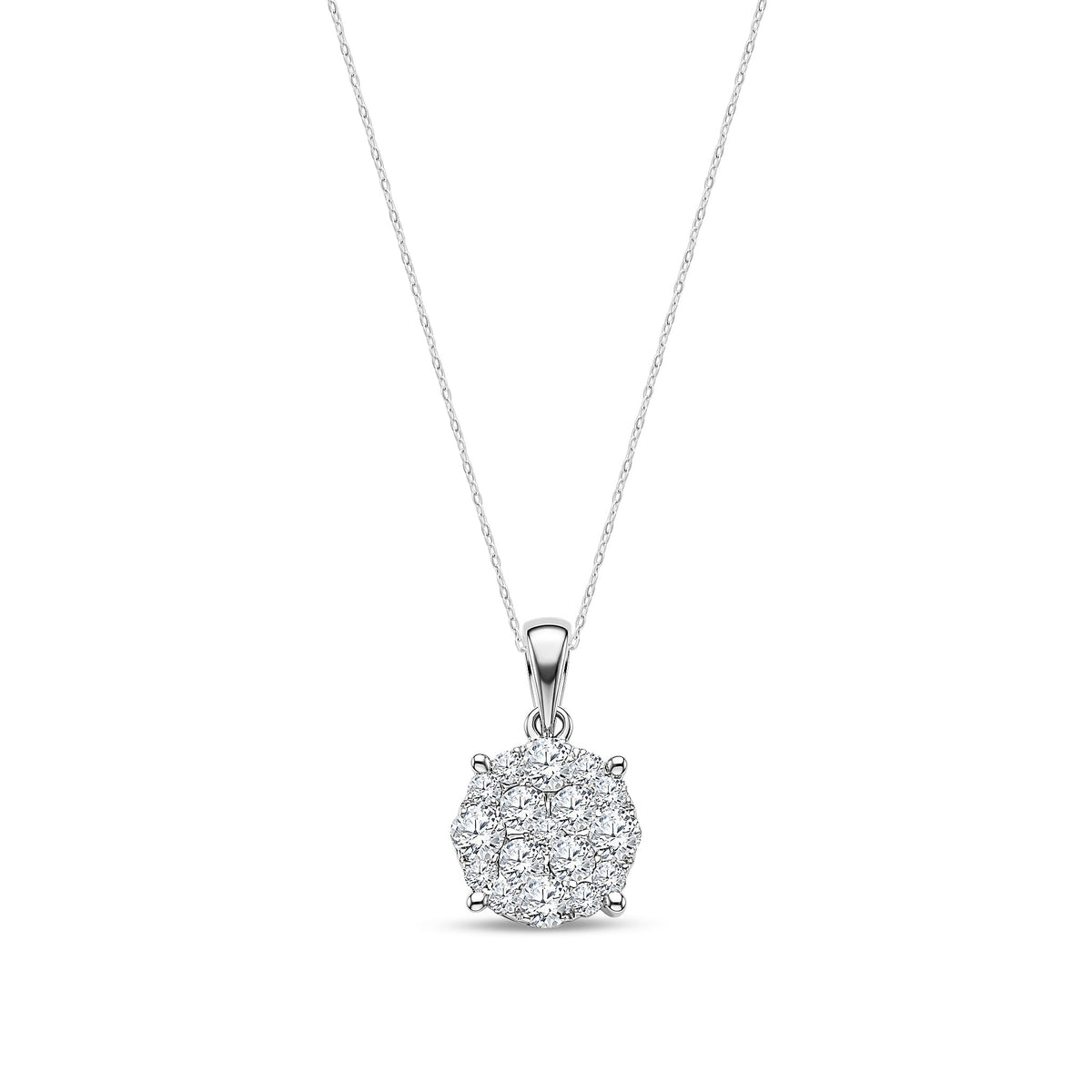 18ct White Gold Natural Diamond Round Cluster Pendant — 1.00ct