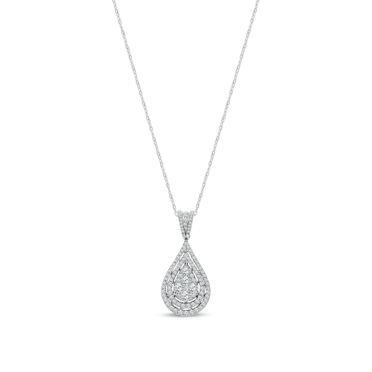 18ct White Gold Natural Diamond Pear Shaped Cluster Drop Pendant — 1.30ct