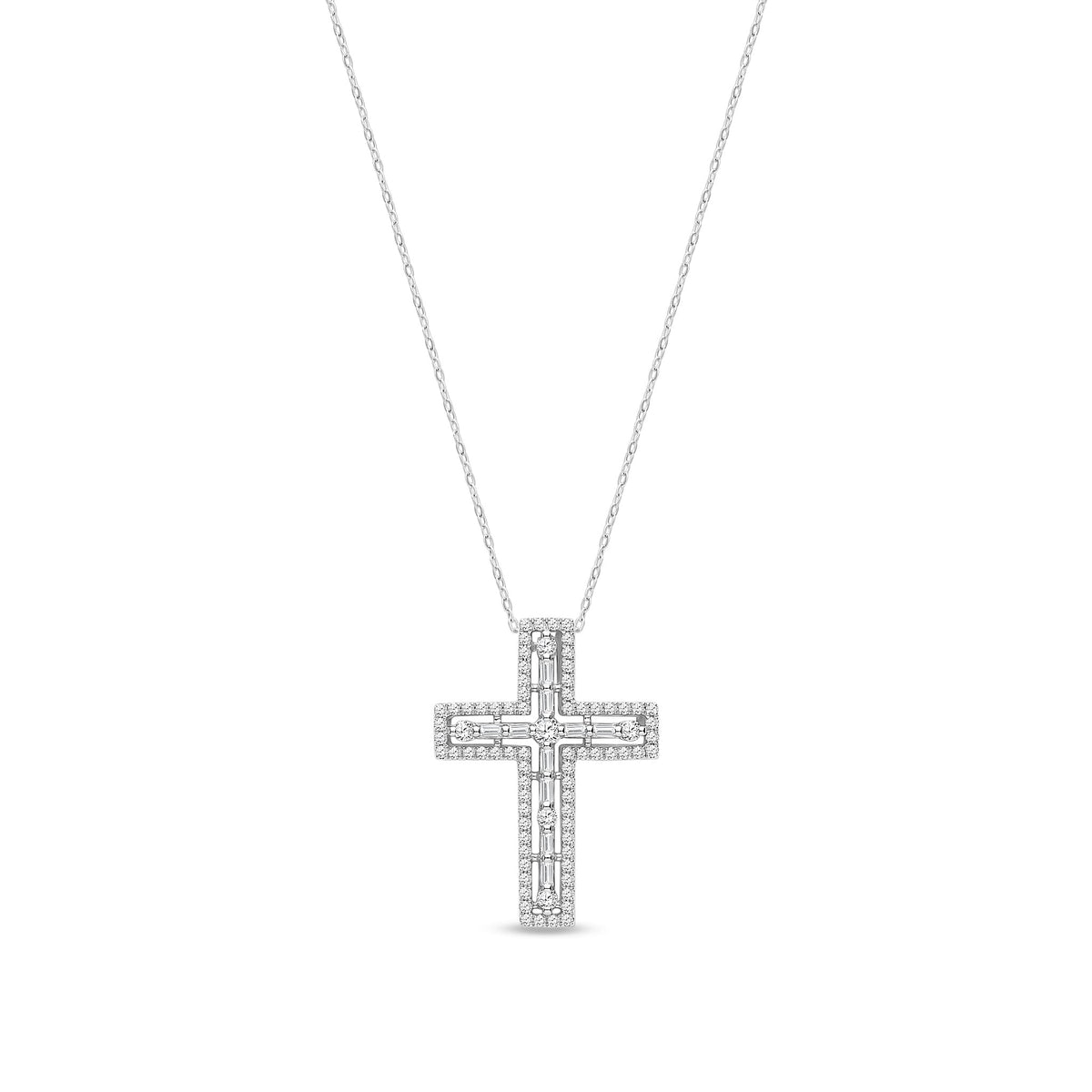 18ct White Gold Natural Diamond Baguette & Round Cross Pendant — 0.50ct