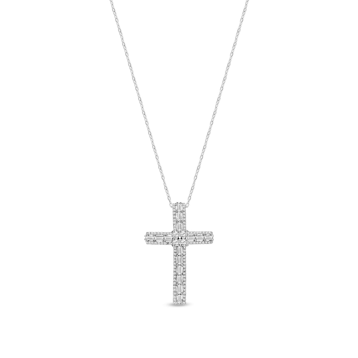18ct White Gold Natural Diamond Baguette & Round Cross Pendant — 1.00ct