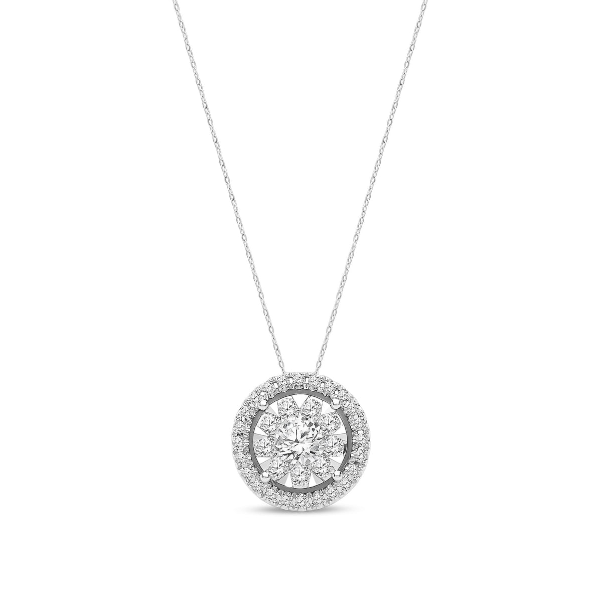 18ct White Gold Natural Diamond Round Halo Cluster Pendant — 0.60ct