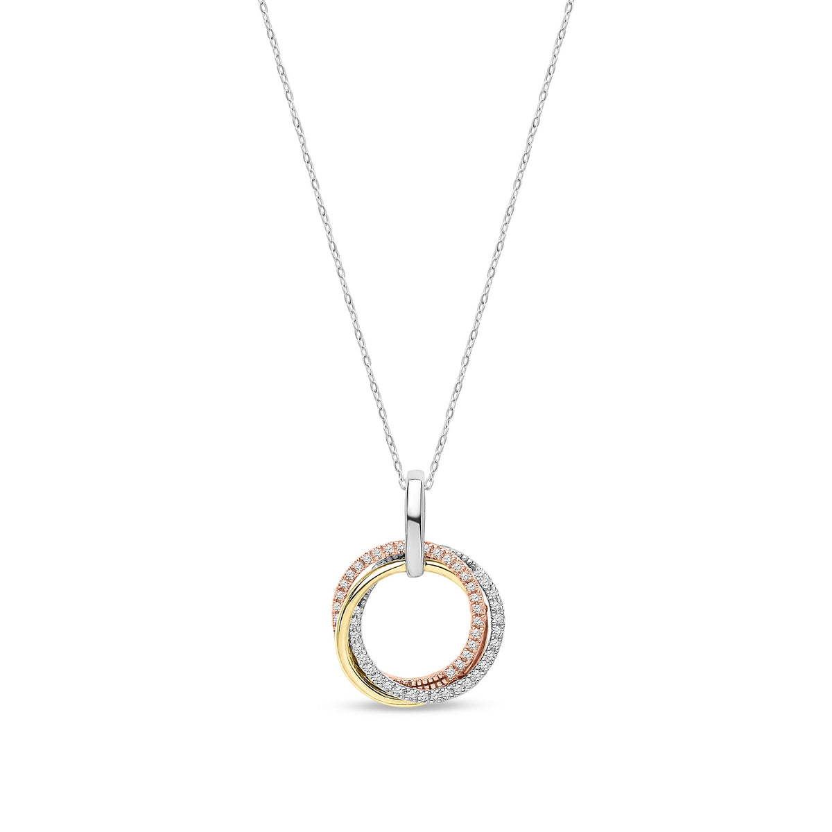 9ct Three Tone Gold Natural Diamond Interlocking Circle Pendant