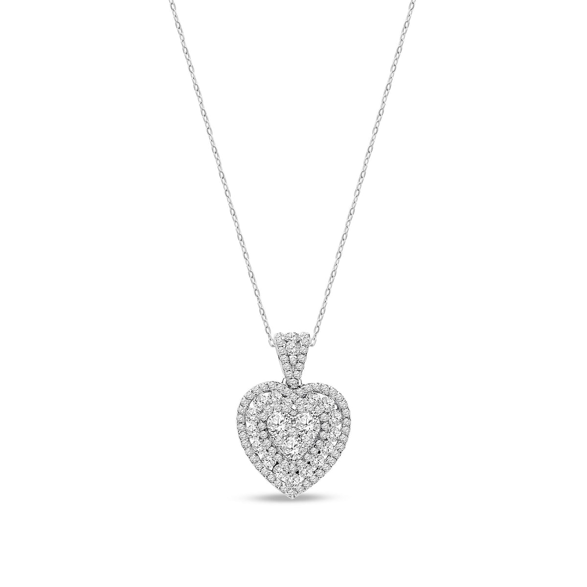 18ct White Gold Natural Diamond Double Halo Heart Cluster Pendant