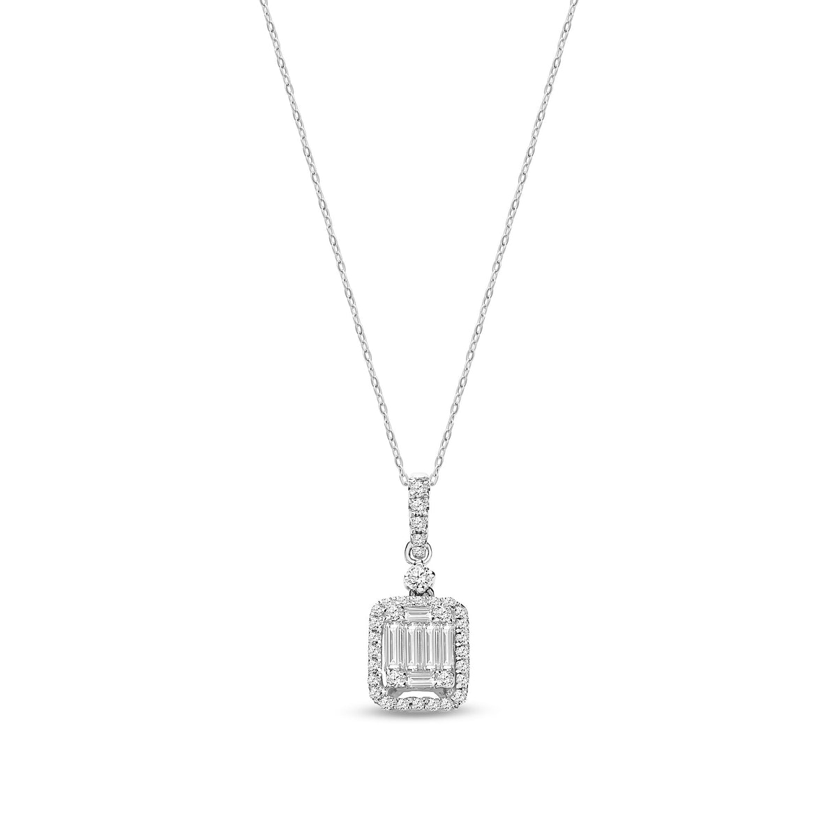 18ct White Gold Natural Baguette & Round Diamond Rectangular Halo Pendant