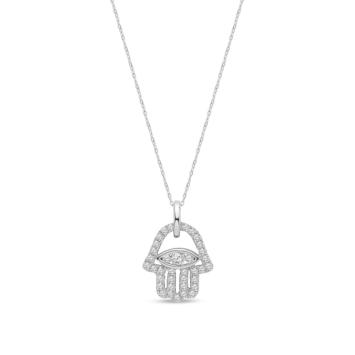 9ct White Gold Natural Diamond Evil Eye Hamsa Hand Pendant