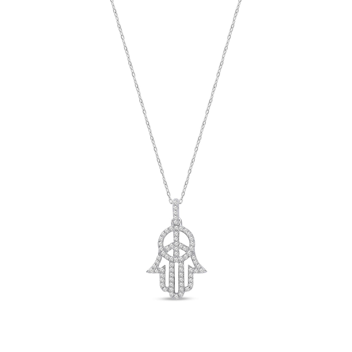 9ct White Gold Natural Diamond Peace Sign Hamsa Hand Pendant