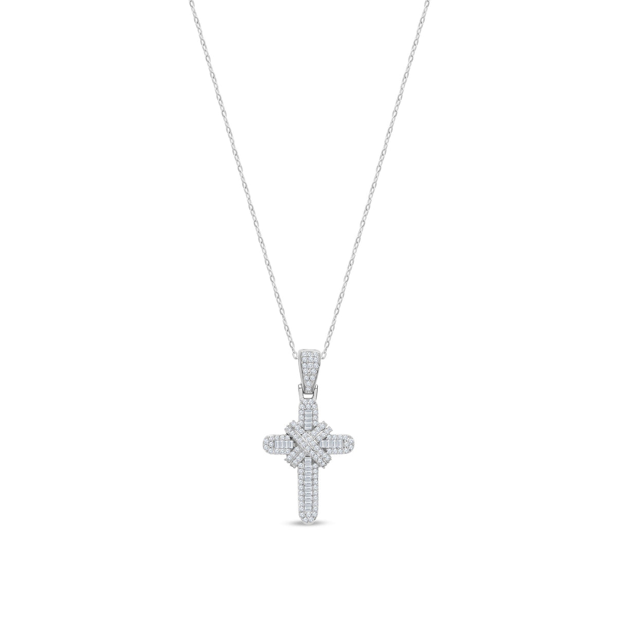 9ct White Gold Natural Diamond Baguette & Round Cross Pendant — 0.44ct