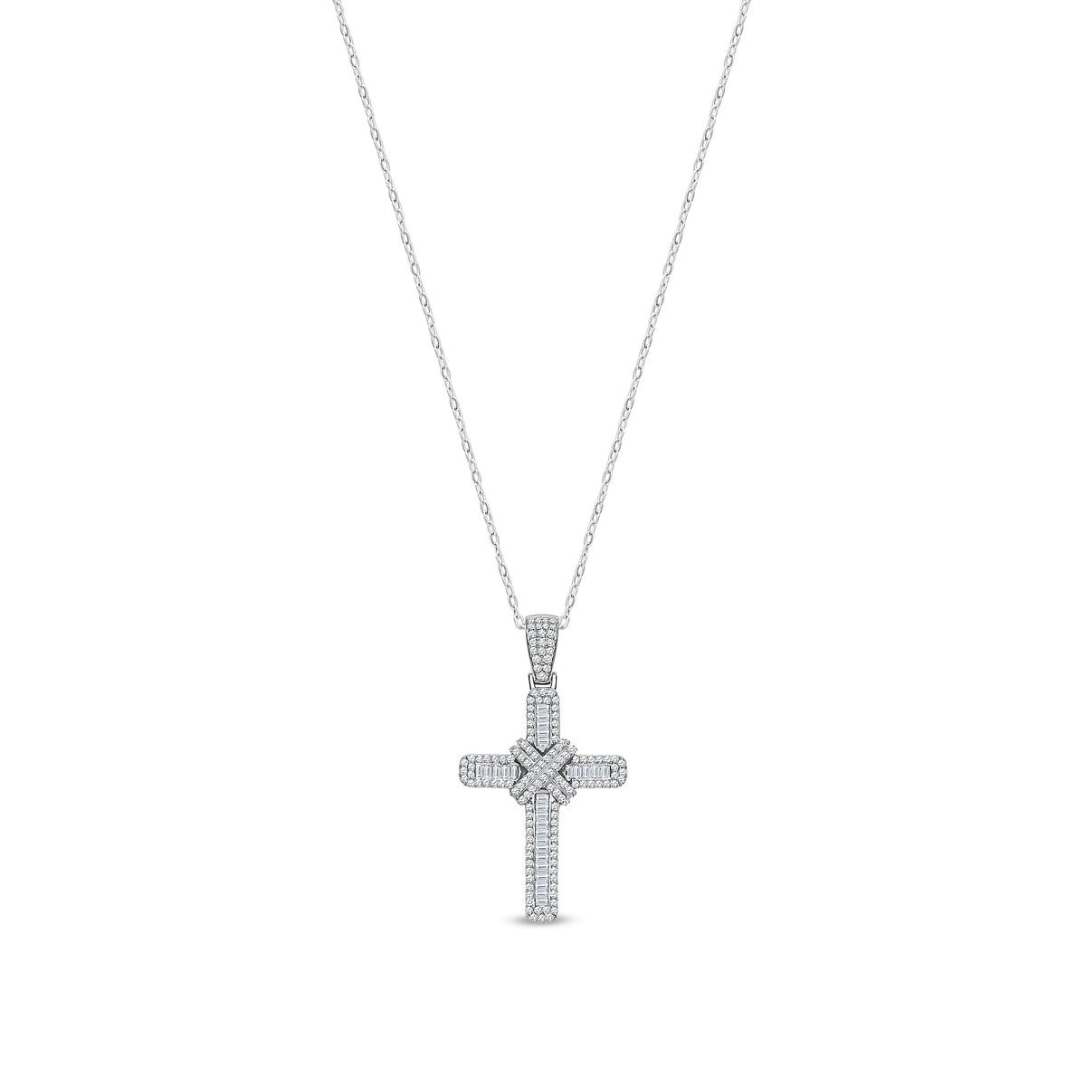 18ct White Gold Natural Diamond Baguette & Round Cross Pendant — 1.22ct