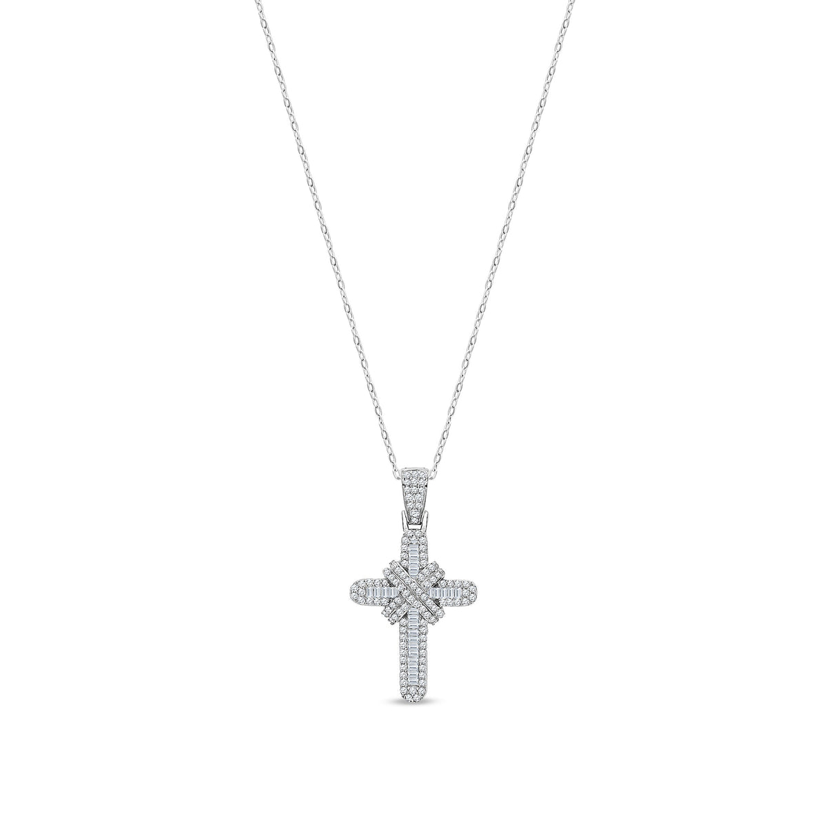 9ct White Gold Natural Diamond Baguette & Round Cross Pendant — 0.81ct