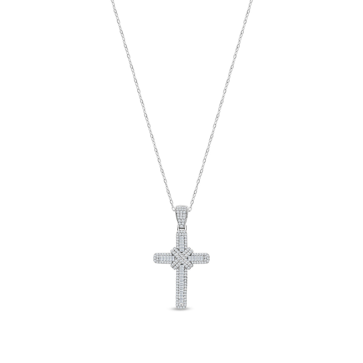 18ct White Gold Natural Diamond Baguette & Round Cross Pendant — 2.00ct