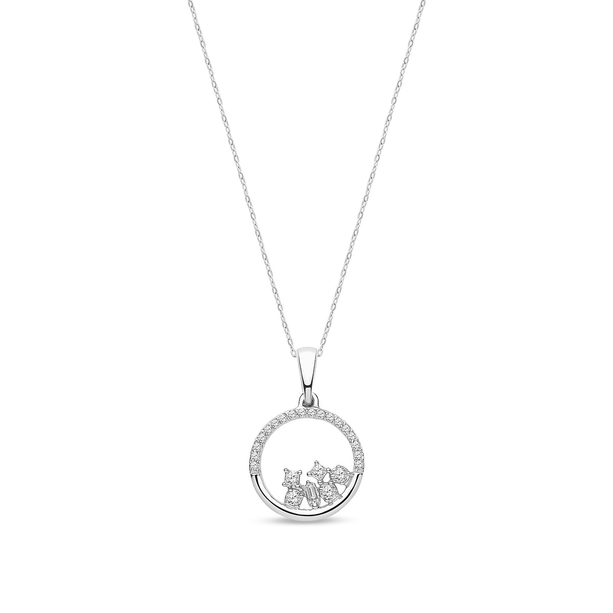 9ct White Gold Natural Mixed Cut Diamond Scatter Open Circle Pendant